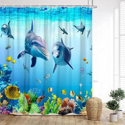 Шторка для душа с морскими животными, Подводный кит, Кораллы, Тропические рыбы, Рыба-волна, Синий, Для детей, Мальчики, Печать, Декор для ванной комнаты