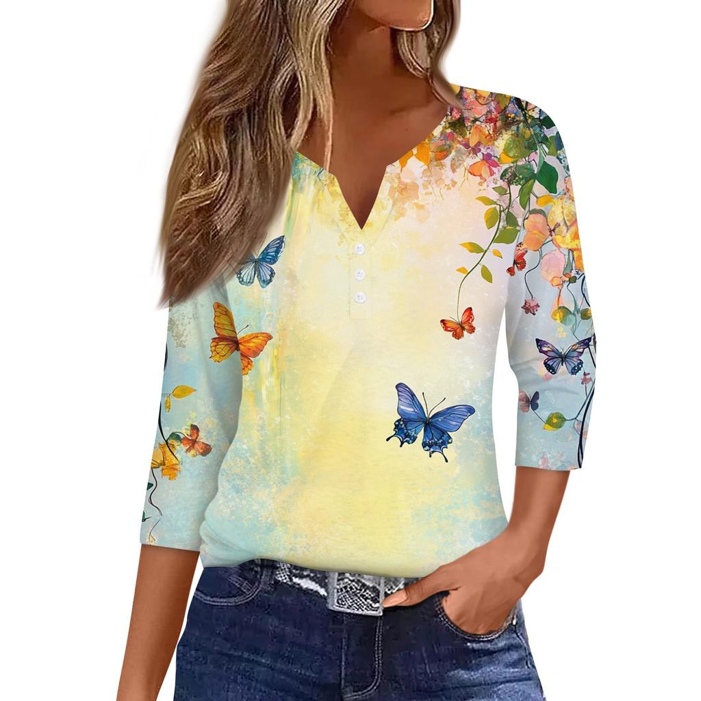 Women's T Shirt Tee Print Button 3/4 Sleeve Daily Weekend Fashion Basic V Neck Regular Top