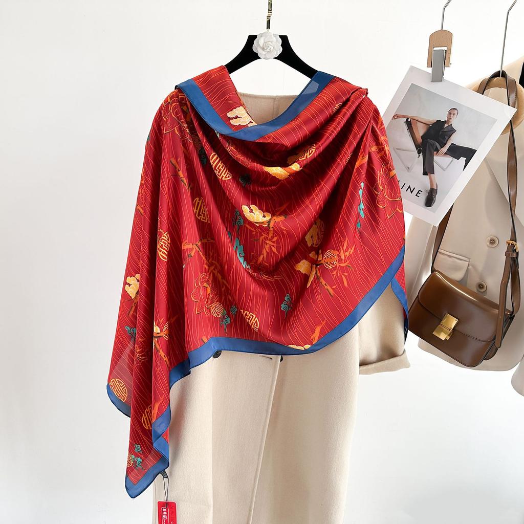 Women's Air-conditioning Room Outside the Shawl Spring and Summer Plant Flowers Travel Holiday Sunscreen Thin Silk Scarf