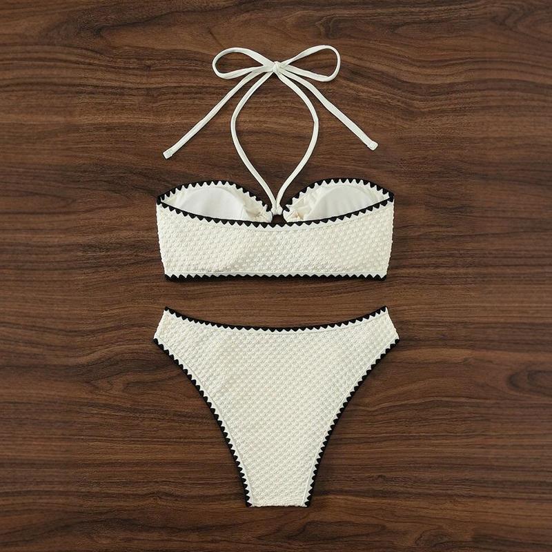 Белый Купальник 2 Предмета Купальник Без Бретелей Женский Сексуальный Бандо Без Спины Набор Бикини Шнуровка Пэчворк Пляжный Купальный Костюм 2025 Новый