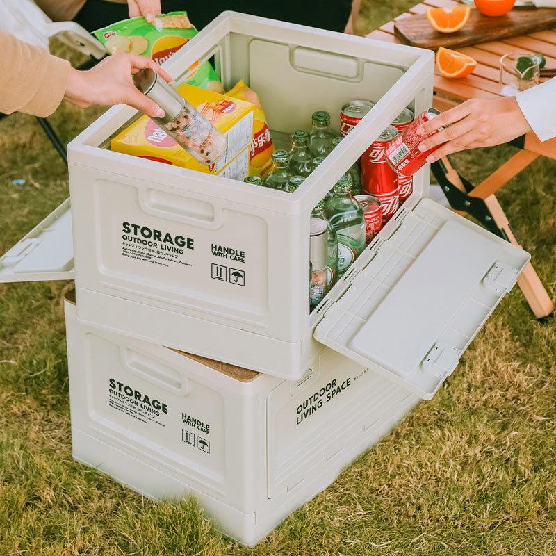 Folding Camping Storage Box with Wooden Lid - Outdoor Picnic & Car Trunk Organizer