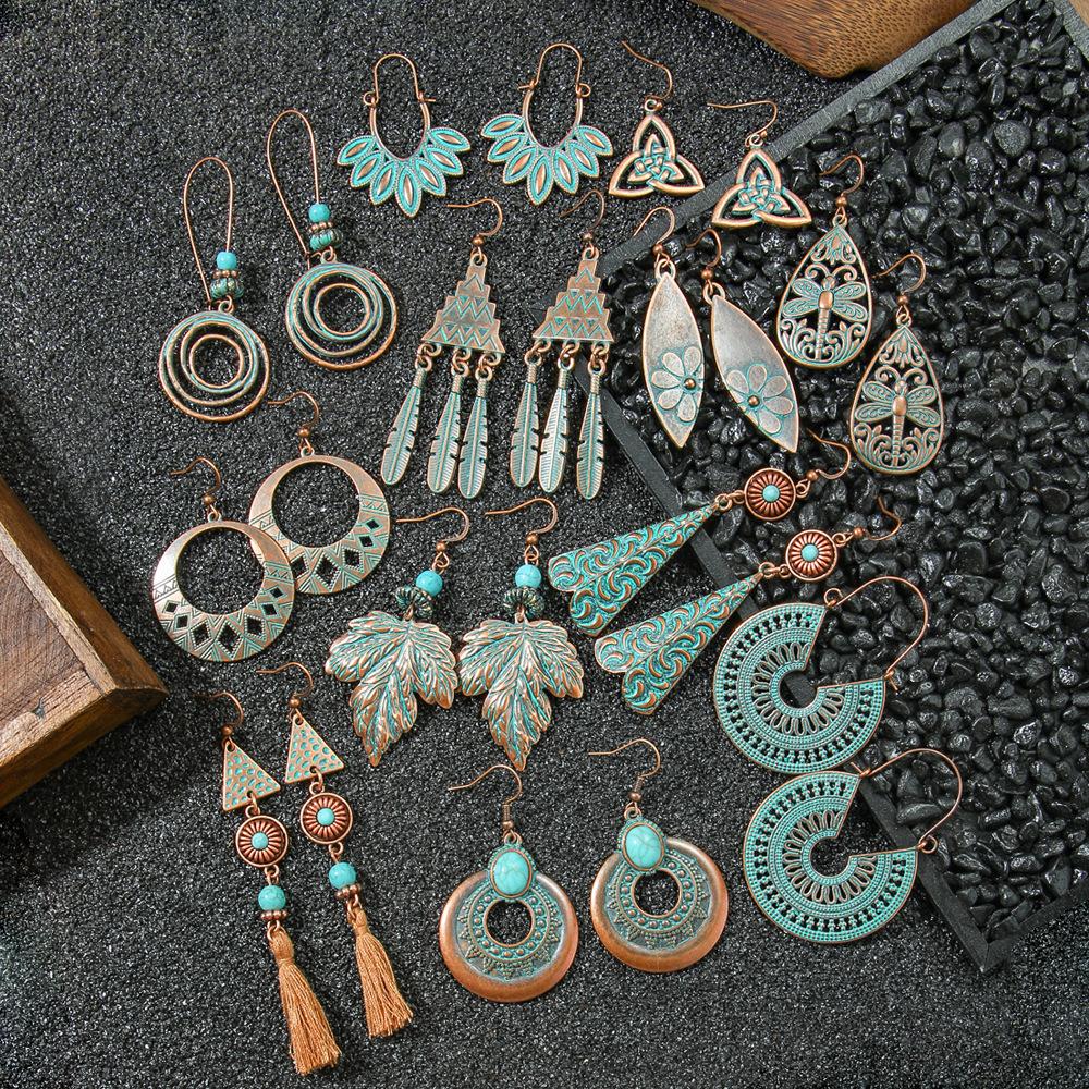 Bohemian Style Retro Earrings with Metal Geometric Hollow Out Ethnic Style Earrings