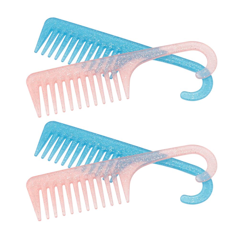 4pcs Wide Tooth Comb with Hook Rounded Handle Detangling Comb Pink Blue Transparency