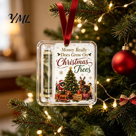 Acrylic Money Holder Christmas Cash Gift Ornament, Angel Santa Cat Ornament for Xmas Tree, Holiday Party Hanging Decoration with Lanyard Tree