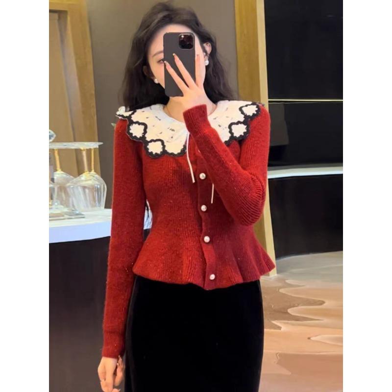 Spring and Autumn Lace Doll Collar Bright Silk Soft Waxy Knitted Cardigan Women's Waist Sweater Women's Top Cover