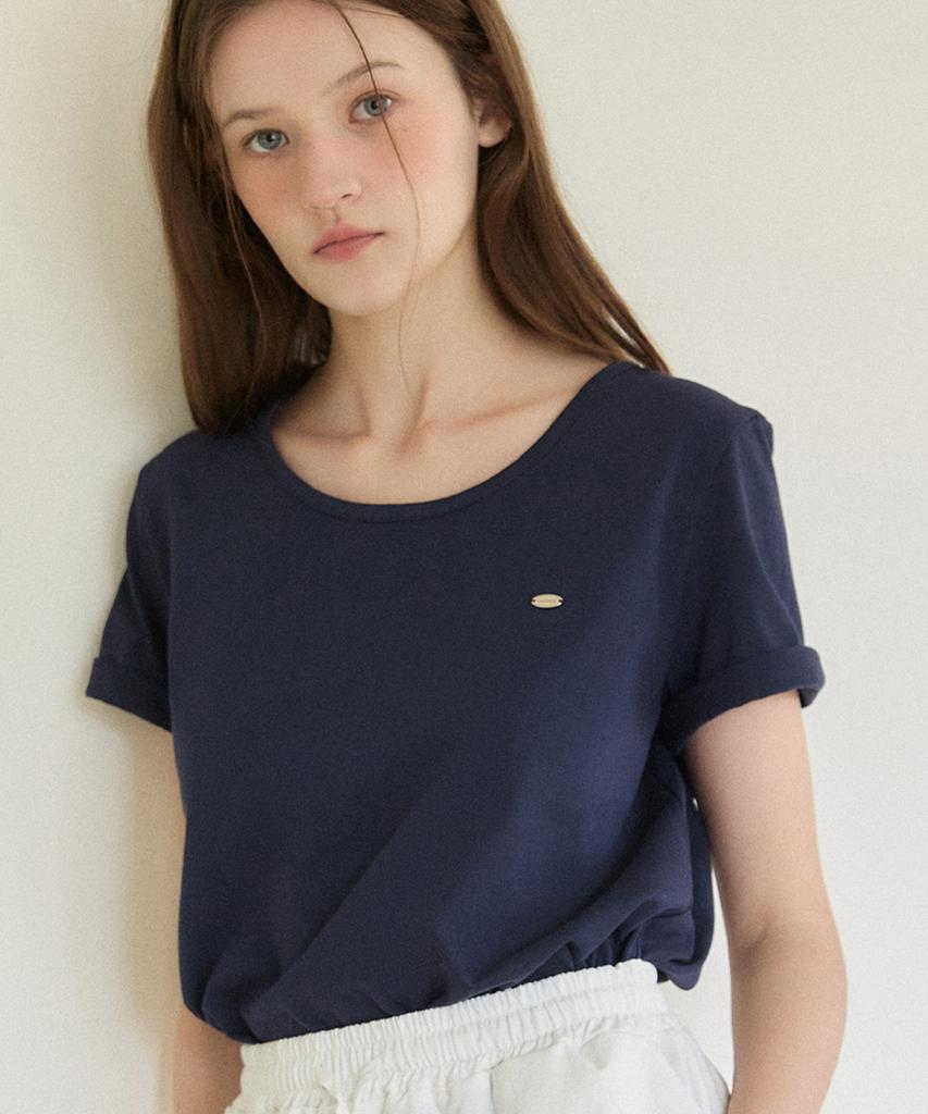 OURHOPE Logo Silky U-Neck T-Shirt - Navy