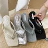 French Silver Flip-flops Women's Summer Wear Fashion Thick Heels Pinch Feet Beach Slippers Non-slip Sandals