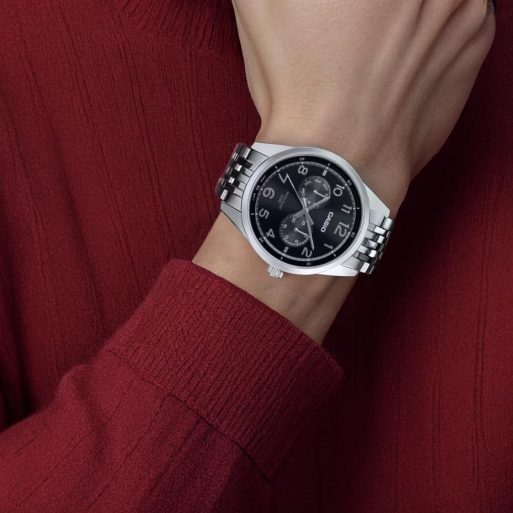 Casio 50 м Водонепроницаемые Кварцевые Мужские Часы на Стальном Браслете Черный Циферблат MTP-E340D-1AV
