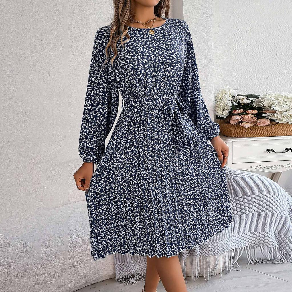 Women Fashion Spring And Summer New Casual Long Sleeve Floral Large Hem Pleated Dress