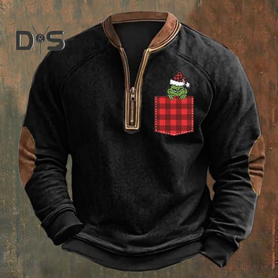 Весна Осень Мужской Топ На Молнии Полуоткрытый V-образный Вырез 3D Мультяшный Принт Лоскутные Рукава Плюс Размер Пуловер Свободный Спортивный Досуг Праздник Свитшот