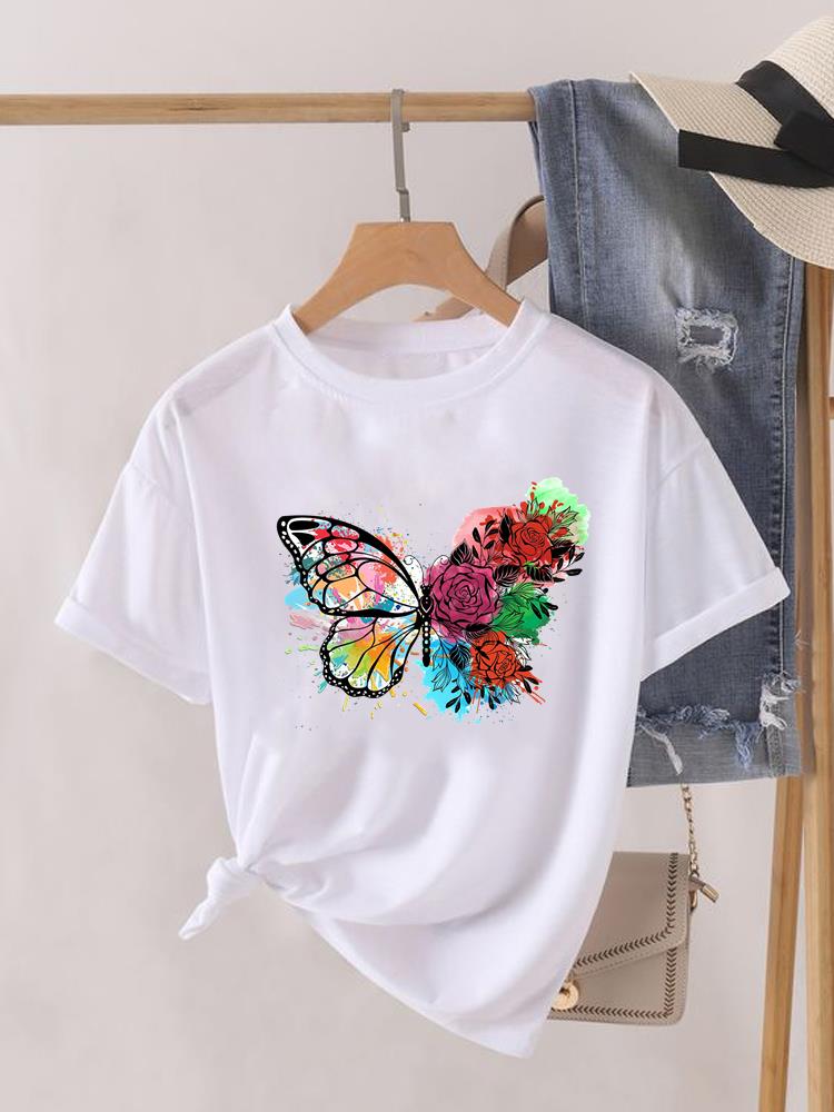 (Азиатский размер) Футболка женская одежда повседневная акварель цветочная тенденция короткий рукав футболка модный принт женская женская графическая футболка
