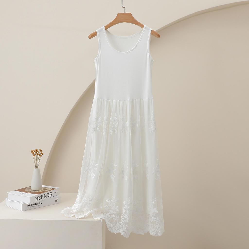 Свежий стиль Платье-жилет с высокой талией, облегающее, с кружевной вышивкой