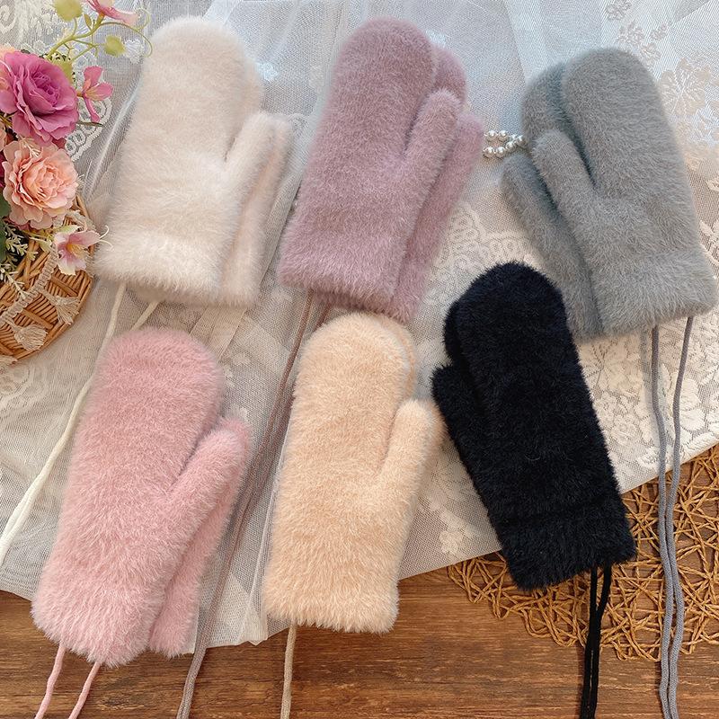 Women Winter Keep Warm Plus Cashmere Thicken Mink Fleece Solid Cute Lovely Outdoor Windproof Cycling Full Finger Mittens Gloves