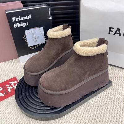 Модные замшевые ботинки на платформе, женские зимние ботинки на плоской подошве, меховые теплые хлопковые туфли, брендовые туфли на высоком каблуке, плюшевые женские, зима 2025 года, трендовые ботинки Mujer