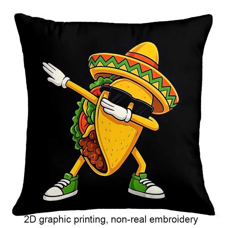 2D Flat Print 1pc Cartoon Mexican Taco Pattern Double-Sided Printed Pillowcase - Multiple Sizes Available - Square Zippered Pillow Cover - Cushion Cov