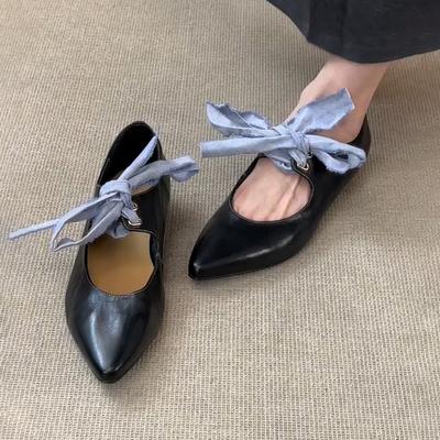 Версия из овчины~ ретро туфли-балетки с острым носком и бантом на шнуровке, на низком каблуке, Мэри Джейн, с открытым верхом, темпераментные балетки