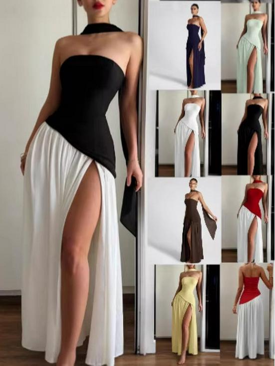 Spring/Summer 2026 European & American Women's Strapless Backless Solid Color Slit Long Dress