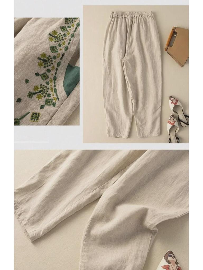 Женские брюки-морковки из хлопка и льна с вышивкой в стиле ретро 2024 года: Повседневный свободный фасон в стиле «шаровары» для весны, лета и осени.