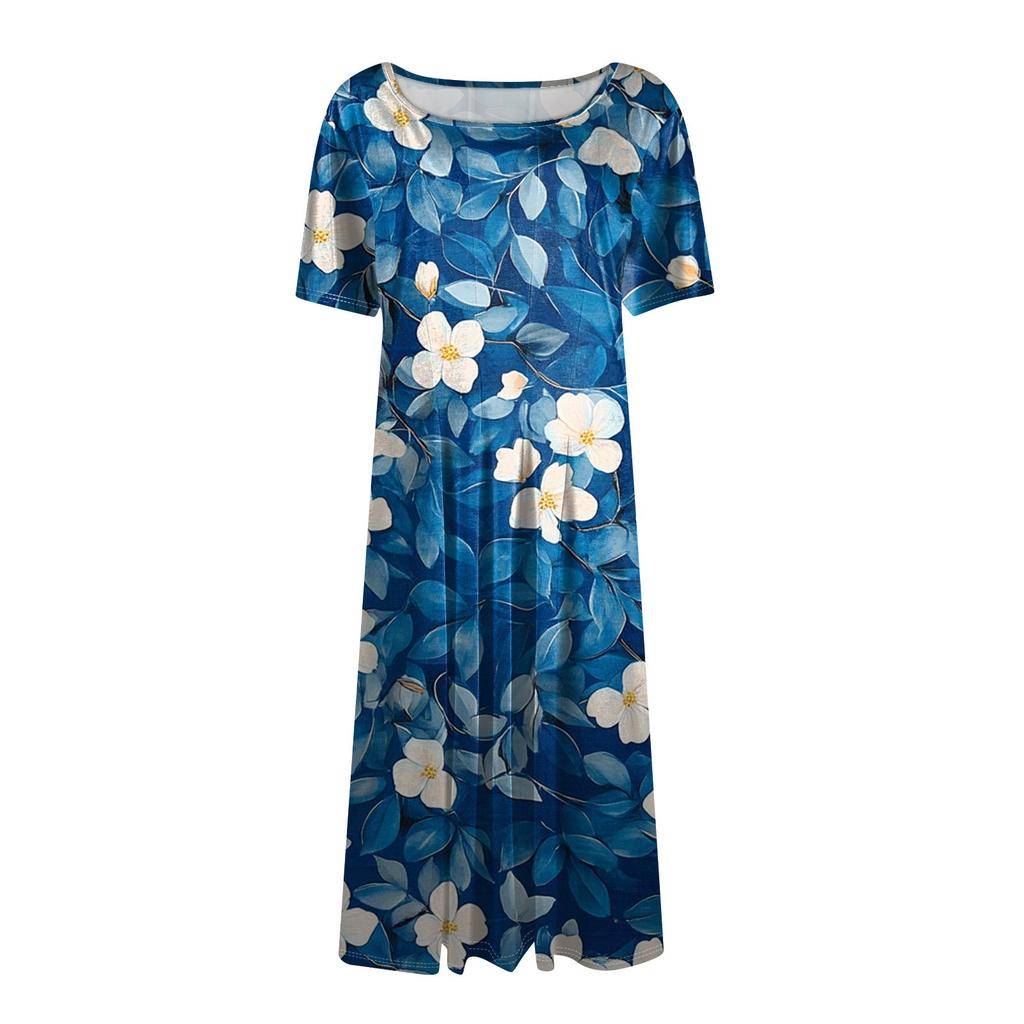 Женское свободное повседневное и модное платье с круглым вырезом и короткими рукавами, средней длины с принтом