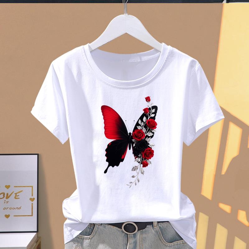 (Asian Size) Short Sleeve T-shirts flower butterfly trend cute Women's Top T Clothing Print  Fashion Female Casual O-neck Graphic Tee