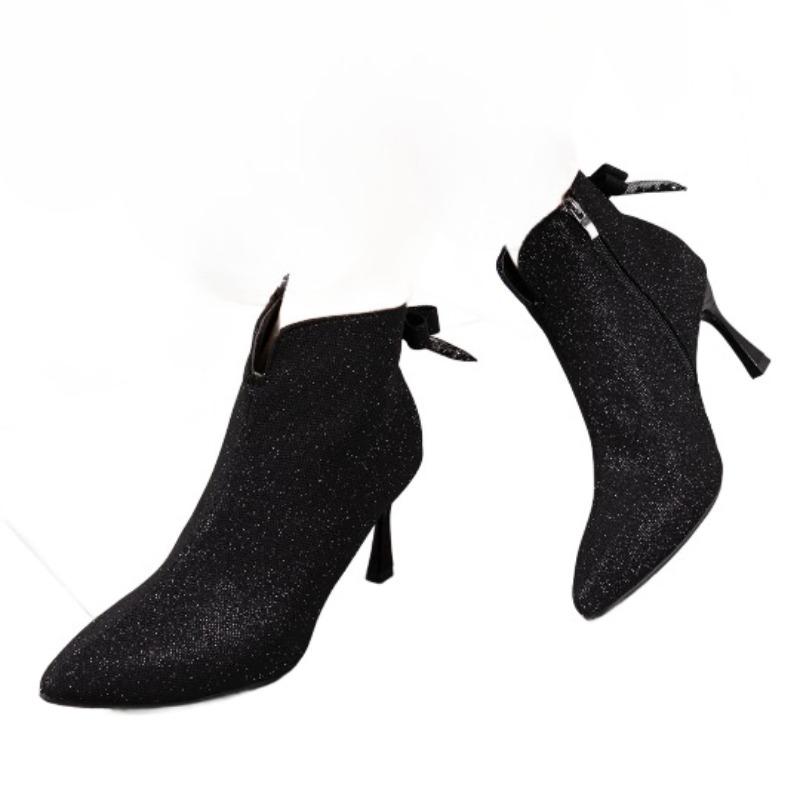 Модные туфли-лодочки на высоком каблуке с бантом Женские блестящие короткие ботинки Модные туфли с острым носком Удобная обувь 2025 Зима Новые Элегантные ботильоны челси Туфли