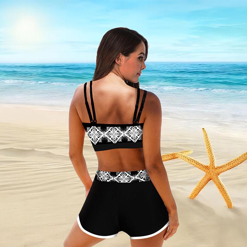 Женский купальник с бретелями и квадратным цветочным принтом, бикини с коротким топом, купальник