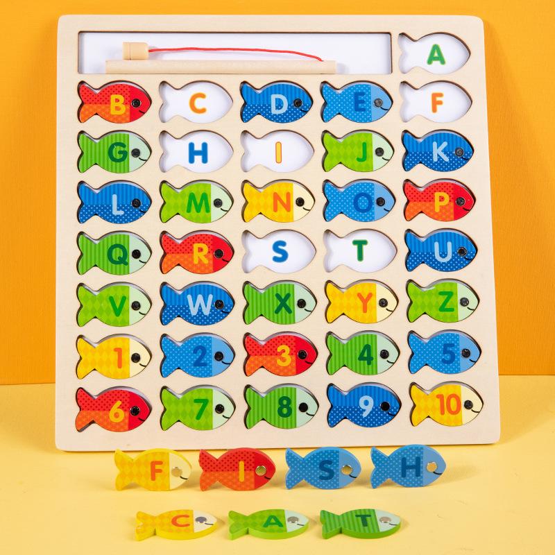 Магнитная деревянная игрушка-рыбалка для малышей, алфавит, ловля рыбы, игры-головоломки, дошкольное обучение, ABC, математические развивающие игрушки для детей