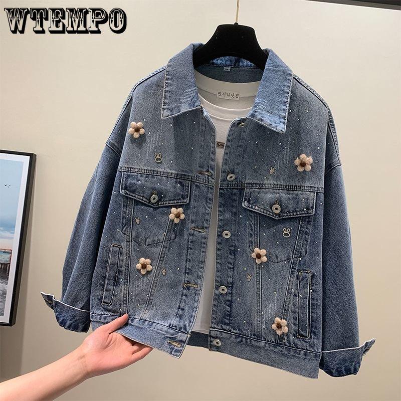 Spring Denim Coat Women's Wool Flower Vintage Hot Diamond Denim Jacket Short Work Top