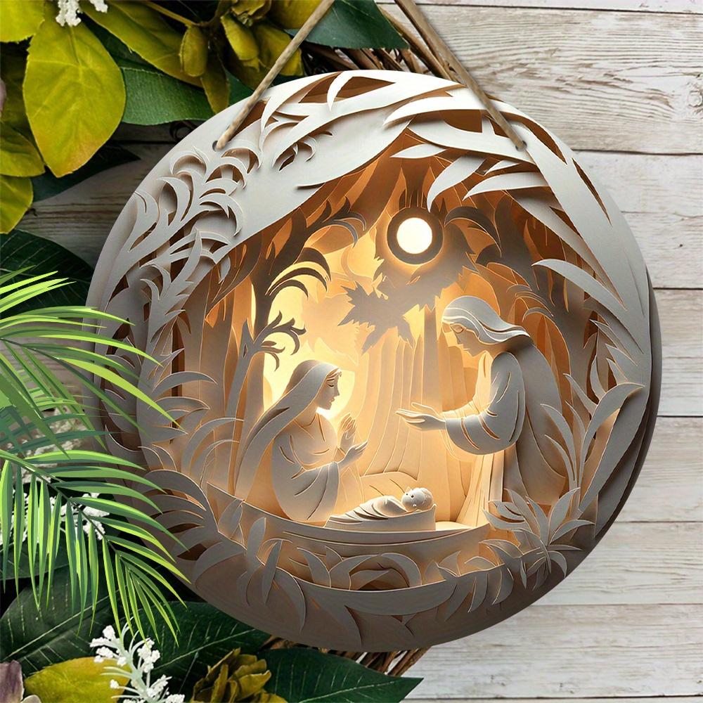 Wood 1pc 2D Nativity Baptism The Birth of Jesus Golden Sunshine Xmas Wood Porch Wreath Hanging Print Sign Painting Home Fence Decor for Door, Wall