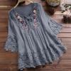 Summer Ladies Top Cotton Linen Blouse Plus Size Lace Patchwork Elegant Tops Tie V-neck Loose Fitting Women's Blouse
