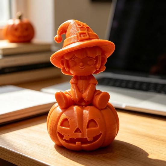 Pumpkin Girl Figurine 3D Printed Figurine, Spooky Witch Statue, Durable Halloween Ornament Sitting on for Party Decor
