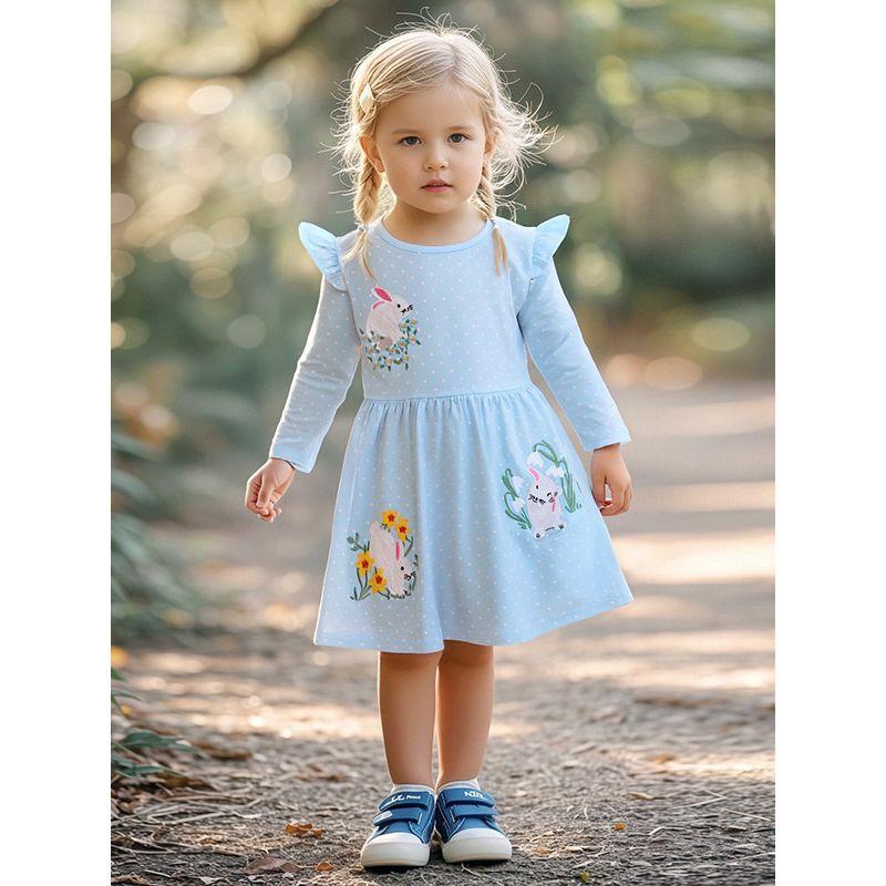 Girls' Long-Sleeved Autumn Dress, Baby Pure Cotton Polka Dot Embroidered Rabbit Fresh Style Knitted Dress, Princess Dress, Fashionable