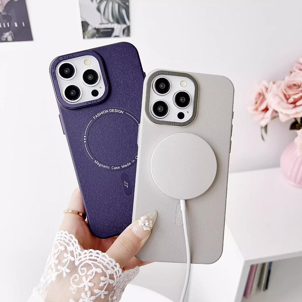 Magnetic Suction Suitable for Iphone16promax Leather Pattern Mobile Phone Case Apple 15 Metal Lens 14 Advanced Sense Protection Case