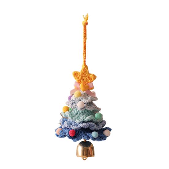 Knitted Christmas Tree Ornaments Mini Crochet Christmas Tree Hanging Pendant with Gold Jingle Bell for Holiday Home Party Decoration
