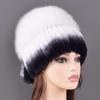 Winter Hat Women Natural Fur Rex Rabbit Fox Pompom Tails Beanie Hats Knitted Cap