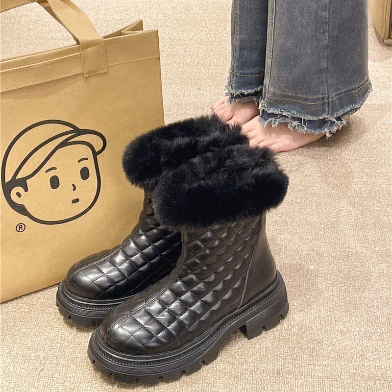 Female Shoes Platform Chunky Ladies Snow Boots Round Toe Mid Calf Half High Waterproof Chic and Elegant Pu On Promotion Slip 39