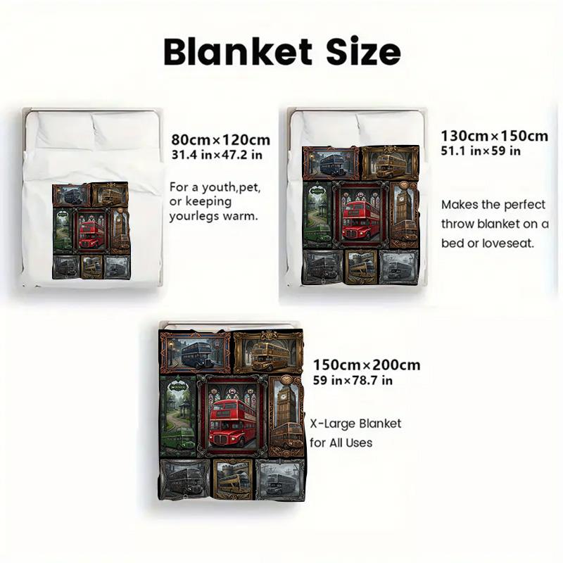 London Bus Collage 2D Flat Pattern Flannel Blanket, High quality All Seasons, Home Decor, Warmth and Comfort, Perfect for Christmas Gifts.