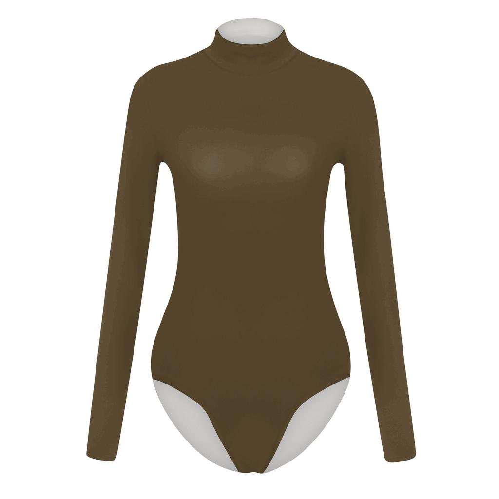 Женская цельная футболка, тонкий комбинезон с длинными рукавами и высоким воротом, однотонный топ