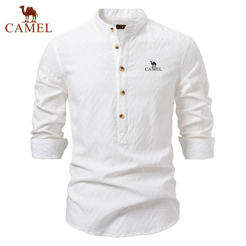 Camel 2025 Spring/Summer Embroidery New Large Stand Up Collar Shirt Men's Solid Color Casual Men's Long Sleeve Shirt
