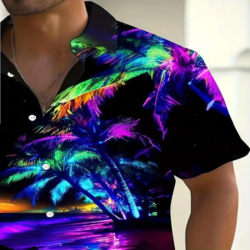 Men's Vibrant Tropical Sunset Pattern 3D Digital Print Button Hawaiian Short Sleeved Shirt Suitable for Casual Beach Wear