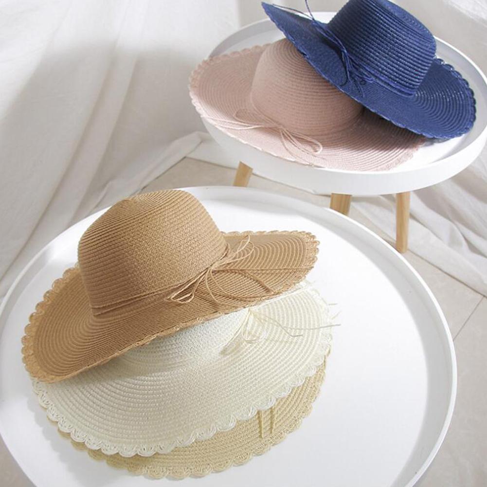 Women Summer Folding Sunscreen Wide Brim Cap with Bowknot for Seaside Beach