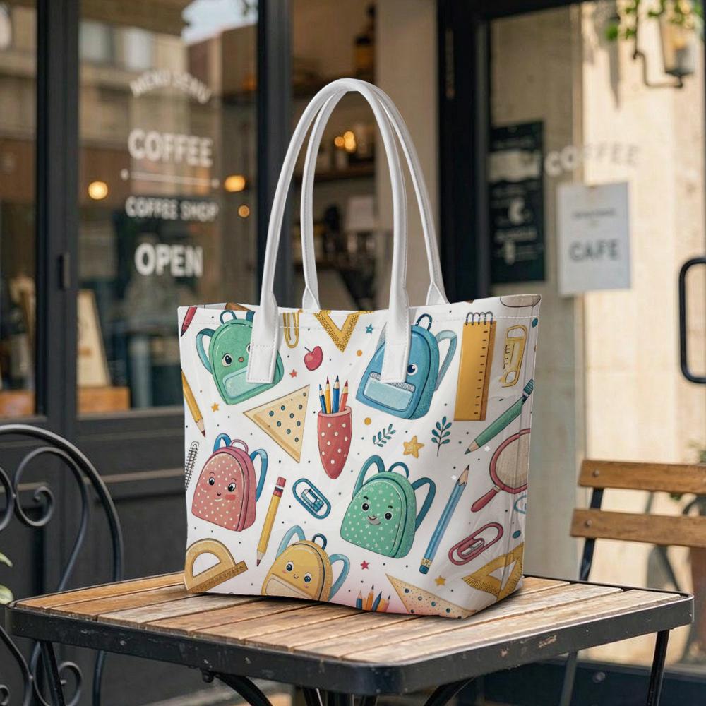 Cute Cartoon School Pattern Shoulder Bag Casual Daily Tote Bag Lightweight Portable Handbag for Students