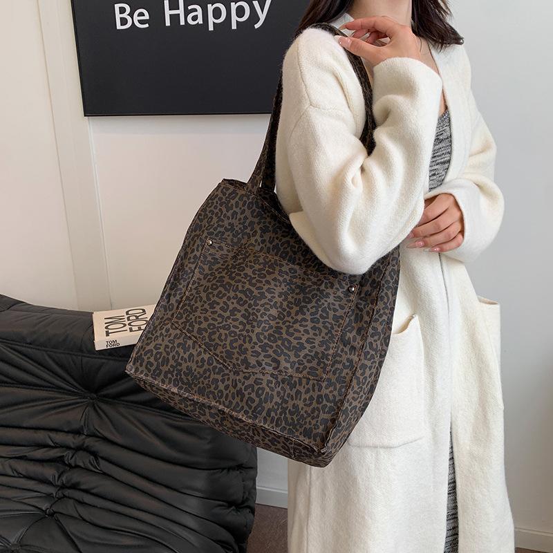 Niche Leopard Print Canvas Tote Bag Women's Bag Casual Large Capacity Fashion Handbag Korean Version Foreign Style Shoulder Messenger Bag