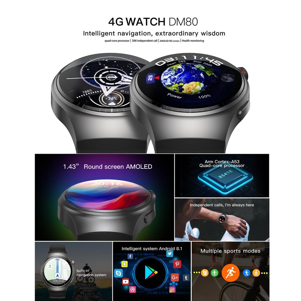DM80 4G Smart Watch Sports Bracelet WiFi GPS BT Smartwatch Touch Screen Android 8.1 Support Nano SIM Card Phone Call Heart Rate Monitor