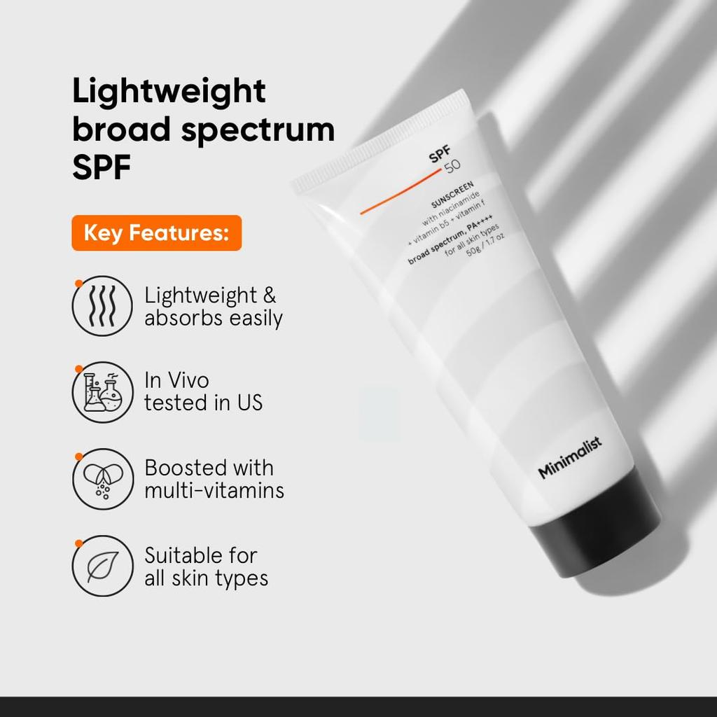 Минималистичный солнцезащитный крем SPF 50 PA+++ с ниацинамидом и мультивитаминами | Клинически протестирован в США (In-Vivo) | Легкий с Мультивитаминами | Без Wh