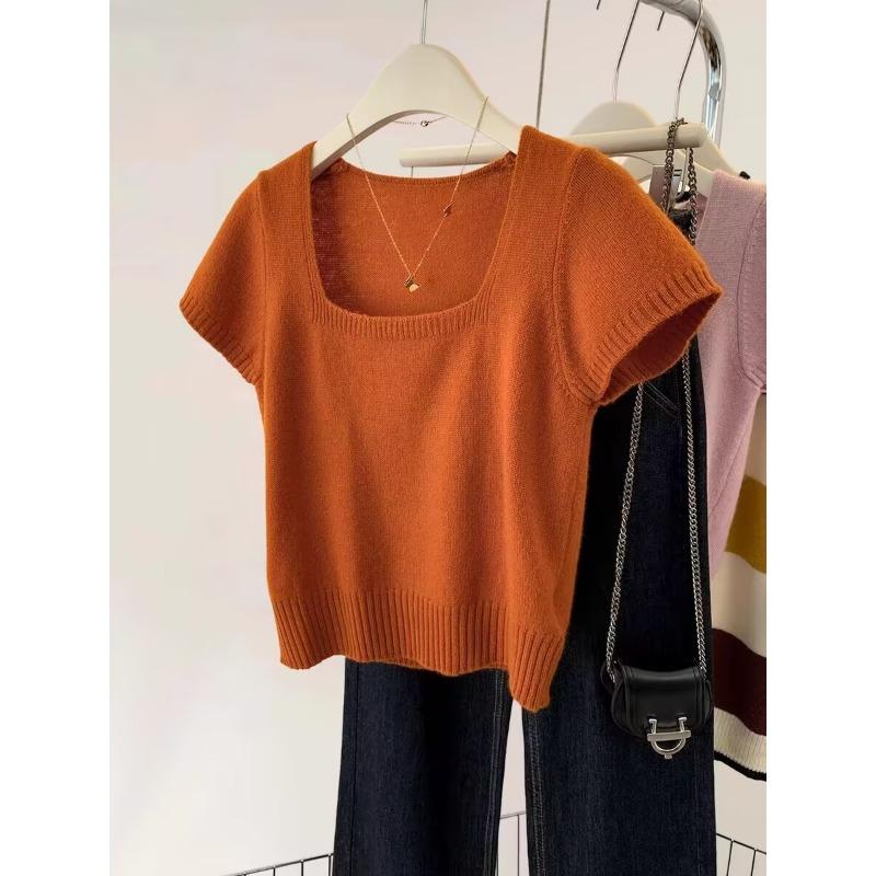 Spring and Summer New Square Neck Thin Knitted Sweater Top Women's Fashion Solid Color Gentle Temperament Simple Bottom T-shirt