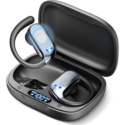 Спортивные беспроводные наушники Bluetooth 5.4 с ENC и искусственным интеллектом, шумоподавлением Hi-Fi Audio 60H воспроизведение и двойной светодиодный дисплей с заушными дужками