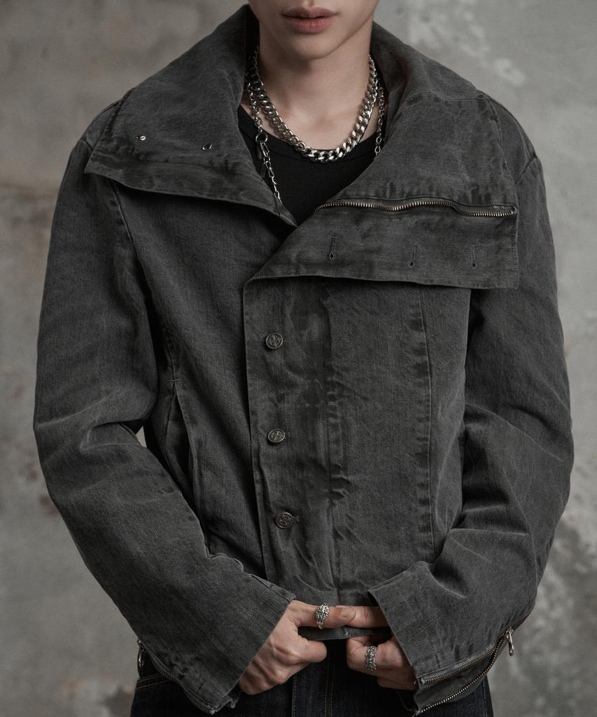 LANARCHIVE [0158] Diagonal Pigment High-Neck Jacket - Charcoal