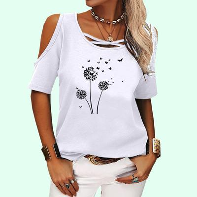 Женская модная футболка с коротким рукавом, женская футболка с принтом и открытыми плечами, летняя повседневная футболка