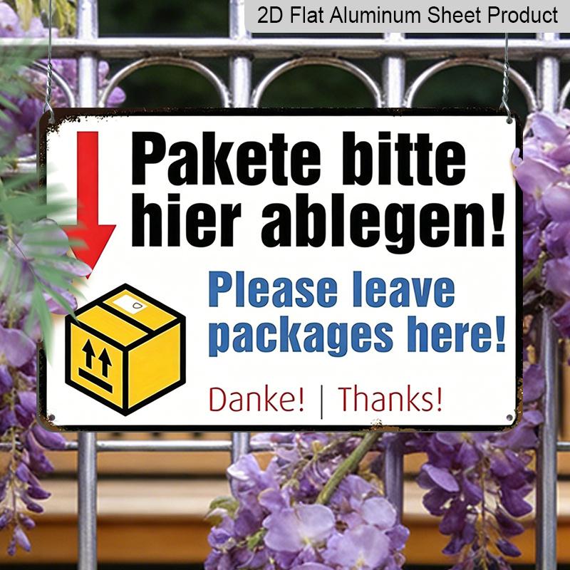 2D Flat, Single Vintage Package Drop Off Sign - Sturdy Aluminum Metal Leave Packages Here - Featuring German-Inspired Text - Suitable for Home